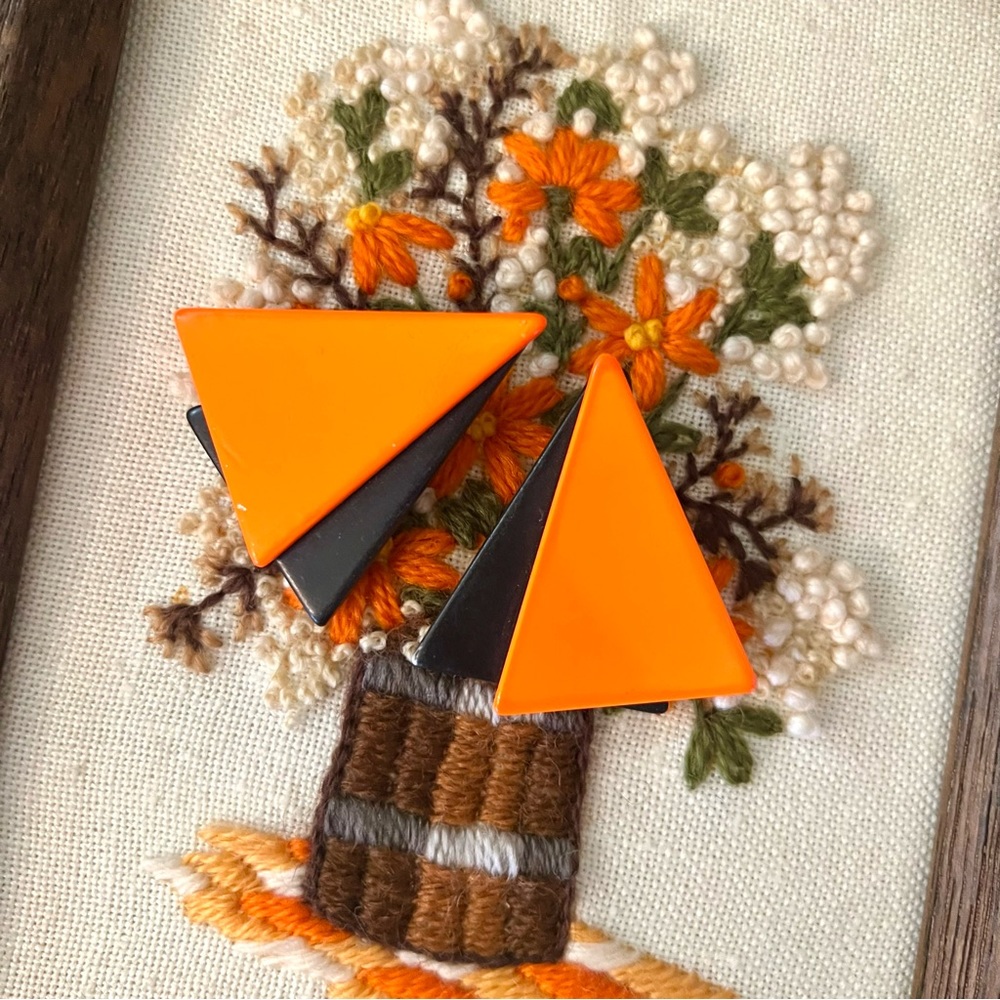 Vintage 80s Neon Orange And Black Triangle Disco Geometric Earrings